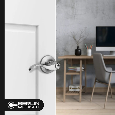 Passage Lever Door Handle Set for Hallways and Closets, Satin Nickel Finish on white door near modern workspace