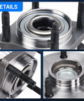 Close-up of Beefed Up Rear Wheel Bearing And Hub Assembly For 2006 To 2010 Jeep Commander And 2005 To 2010 Grand Cherokee, Rear Left And Right Pair, 5 Lug With ABS, Fits SUVs, Heavy Duty Replacement.