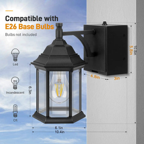 Outdoor Porch Light With Built In Outlet And GFCI, Dusk To Dawn Waterproof Hexagonal Design Wall Lantern with dimensions and bulb type
