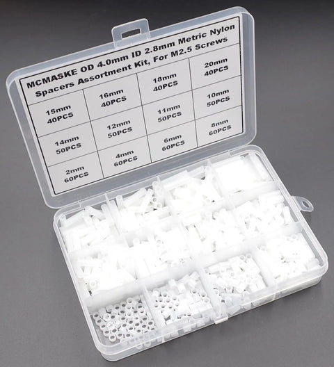 600 Pcs Nylon Spacers Set Unthreaded Round Standoffs 4mm OD 2.8mm ID White Wall Plate Spacers Kit For M2.5 Screws, Clear storage box with assorted white nylon spacers