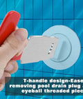 Close-up of a hand using the Premium Pool Plug Removal Tool Set With Red Handle Eyeball Wrench on a pool drain plug.