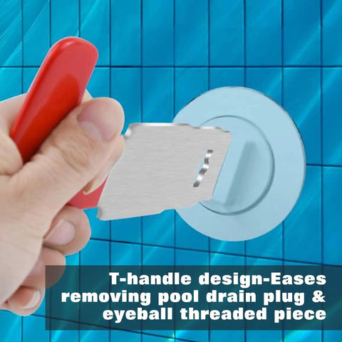Close-up of a hand using the Premium Pool Plug Removal Tool Set With Red Handle Eyeball Wrench on a pool drain plug.