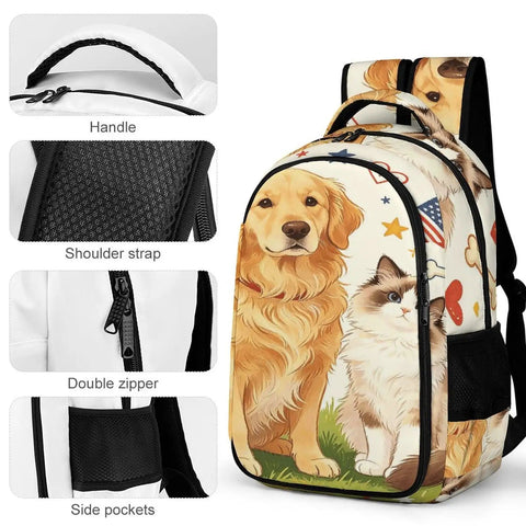 Heart And Bone Pet Pals Printed Unisex Backpack With Large Capacity, featuring dog and cat print, durable polyester fabric.