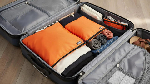 Open suitcase showing three pack travel toiletry bags for men carry-on organizer pouch set zippered cosmetic and electronics pouches orange