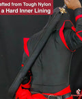 Person wearing Durable Nylon Katana Sword Holder Case with hard lining and adjustable cross chest straps for full size swords.