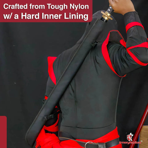 Person wearing Durable Nylon Katana Sword Holder Case with hard lining and adjustable cross chest straps for full size swords.