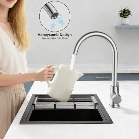 Lead Free Stainless Steel Kitchen Faucet With Brushed Nickel Single Handle High Arc That Swivels 360 Degrees for easy pouring into a pitcher.