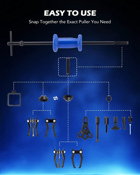 Diagram of All In One Slide Hammer Puller Kit DIY Ready 22 Piece with labeled parts for assembly and use in auto repair