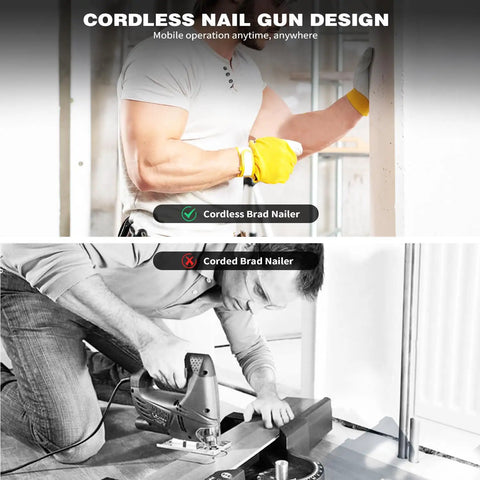 Comparison of cordless and corded nailer tools in use with Cordless 20V 18GA Nail Gun And Stapler 2 In 1 With Brushless Motor.