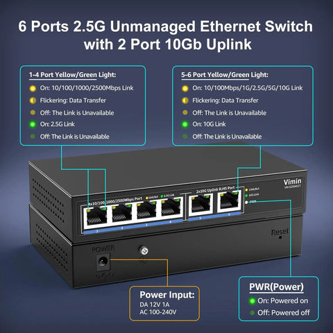 6-Port 10G and 2.5G Ethernet Switch with Dual 10GBASE-T Ports, Four 2.5G RJ45 Ports, unmanaged, desktop or wall mount setup shown