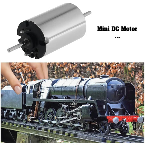 Two Pack 12V DC Mini Motors 13477RPM Micro 1015D Motors For RC Cars DIY Projects Model Trains N Scale TT Scale H0 Gauge next to model train.