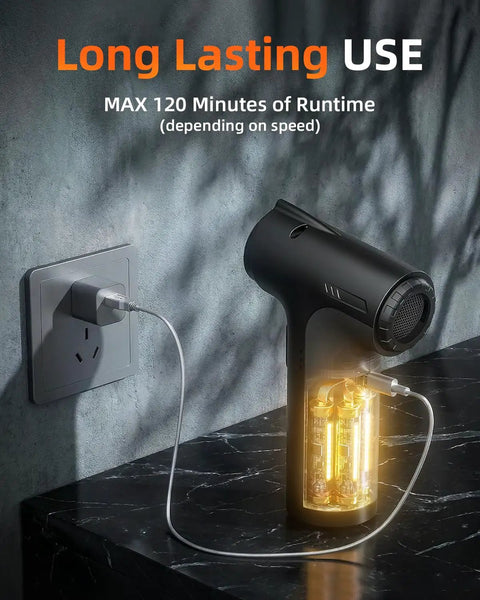 130,000 RPM Electric Air Duster With LED Light charging on a table with visible transparent 7500mAh battery in black casing