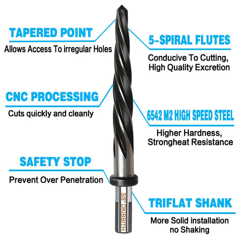 Three Eighths Inch Bridge Construction Reamer Drill Bit Pro Grade M2 HSS Taper Chucking Reamer For Steel Alloy Metal Wood Plastic 5 Spiral Flutes Non Slip Shank To Align Or Enlarge Holes 10mm with features labeled