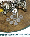 100 Pcs Plastic Screw Caps Protection End Caps Invisible Screw Covers on workbench with bolts and washers