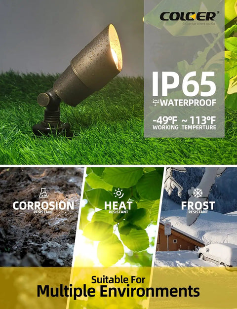 Brass Landscape Spotlights 6 Pack For Outdoor Uplights With 5W MR16 LED showcasing weatherproof and corrosion resistance features.