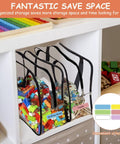 Six Pack Large Clear PVC Toy Storage Bags with Labels holding building blocks and puzzles on shelf in playroom.