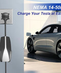 Sweet Plug Play Nema 14-50 Ev Adapter Custom Made For Tesla Gen 2 Mobile Chargers With Ten Inch Cord plugged in charging a Tesla.