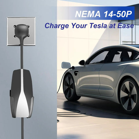 Sweet Plug Play Nema 14-50 Ev Adapter Custom Made For Tesla Gen 2 Mobile Chargers With Ten Inch Cord plugged in charging a Tesla.