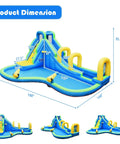 Inflatable Water Slide With Splash Pool, Arch, Climbing Wall And Two Water Cannons, Giant Backyard Water Park For Kids, Outdoor Blow Up Slide Fun Without Blower shown from front with dimensions.