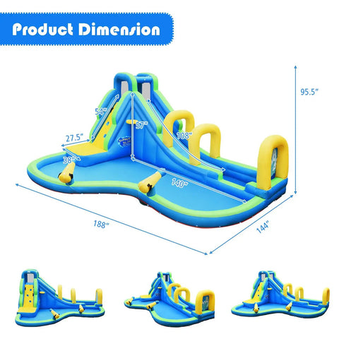Inflatable Water Slide With Splash Pool, Arch, Climbing Wall And Two Water Cannons, Giant Backyard Water Park For Kids, Outdoor Blow Up Slide Fun Without Blower shown from front with dimensions.
