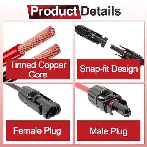 Product details of Cable Entry Gland Kit With 10Ft 10AWG Solar Extension Cable And MC4 Connectors showing plugs and copper core.