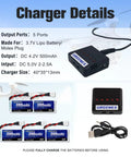 5 Pack 3.7V 380mAh Drone Batteries 25C 1S LiPo With 5In1 Charger for SYMA Q11 AT-96 TR-C385 TR-P51 TR-F22, charger and cables shown