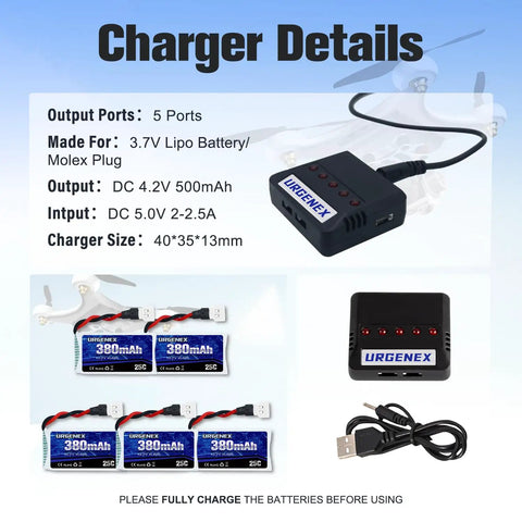 5 Pack 3.7V 380mAh Drone Batteries 25C 1S LiPo With 5In1 Charger for SYMA Q11 AT-96 TR-C385 TR-P51 TR-F22, charger and cables shown