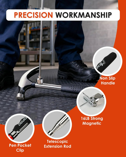 Telescoping And Extendable Magnetic Pickup Tool With 32 Inch Reach And 16 Lb Neodymium Magnet on floor with hammer