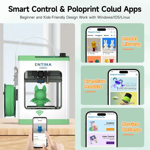 Tina2S 3D Printer With WiFi Cloud Printing, Fully Assembled And Auto Leveling, featuring app control and model library on phones.