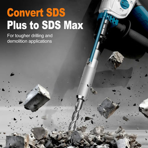 Heavy-Duty SDS Plus To SDS Max Adapter connected to rotary hammer drill, ideal for tough demolition and drilling tasks.