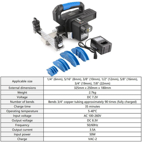 Hassle Free Automatic Copper Tube Bending Machine with blue forming shoes and battery for precise HVAC work.