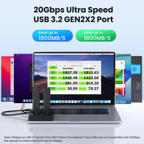 Dual Bay NVMe M.2 SSD Docking Station Offering Offline Clone Duplicator Functionality With 20Gbps USB 3.2 Interface connected to a laptop displaying read and write speeds.