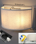 Image of a 2 Light Linen Fabric Boho Hallway Wall Sconce Indoor Light Fixture Dual Vintage Industrial Hardwired Half Moon Semicircle Textile Shade Cozy Chic Vibe With E26 Socket For Bedroom Living Room Corridor And Study, showing measurements and E26 socket insets.
