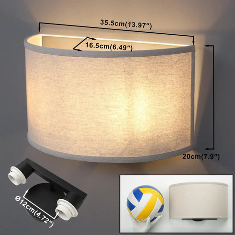 Image of a 2 Light Linen Fabric Boho Hallway Wall Sconce Indoor Light Fixture Dual Vintage Industrial Hardwired Half Moon Semicircle Textile Shade Cozy Chic Vibe With E26 Socket For Bedroom Living Room Corridor And Study, showing measurements and E26 socket insets.