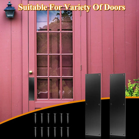 Tough As Nails 2 Pack Stainless Steel Door Push Plates 11.5 By 3 Inch Slick Black Kick Shield with mounting hardware on door.