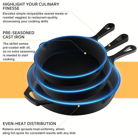 Cast Iron Skillet Set 6 Inch 8 Inch 10 Inch Pre Seasoned Ready To Use Nonstick Naturally Oil Coated Heavy Duty Pro Restaurant Quality