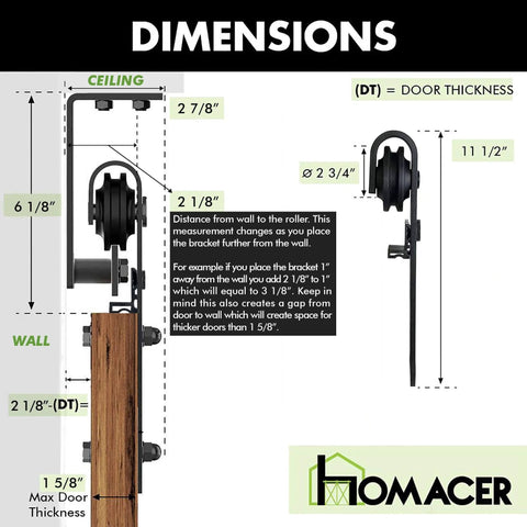 Dimensions of Black Rustic Ceiling Mount Sliding Barn Door Hardware Kit For Double Doors, 18ft Flat Track, No Clearance Needed