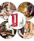 Heavy Duty Aluminum Alloy Door Hinge Template Kit For Precise Mortising Adjustable Hinge Jig Fits Doors From Two And A Half Inches To Five Inches Radius Options One Quarter Inch And Five Eighths Inch And Square Type Red shown in use in woodworking shop