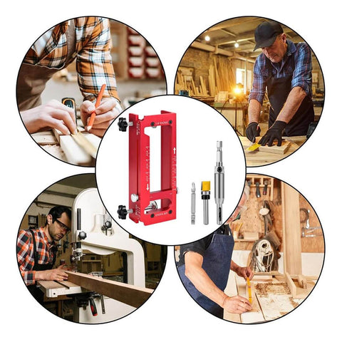 Heavy Duty Aluminum Alloy Door Hinge Template Kit For Precise Mortising Adjustable Hinge Jig Fits Doors From Two And A Half Inches To Five Inches Radius Options One Quarter Inch And Five Eighths Inch And Square Type Red shown in use in woodworking shop