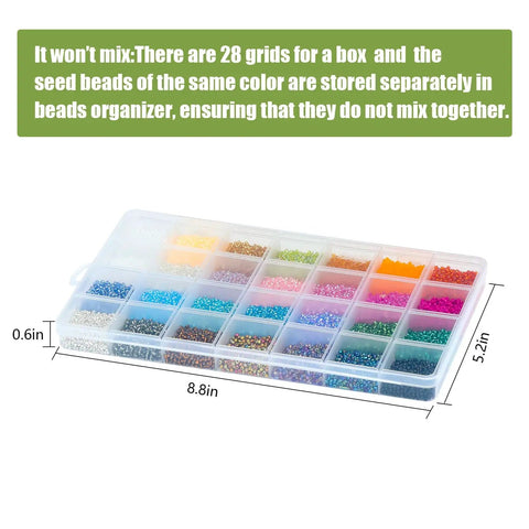 Huge 24000Pcs Glass Seed Beads Kit, 2Mm Beads in 28 Colors, organized in storage box showing dimensions.