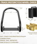 Two Pack Motorcycle Wheel Chock And Strap Kit For E Track Rails And Trailers, featuring black steel frame with dimensions.