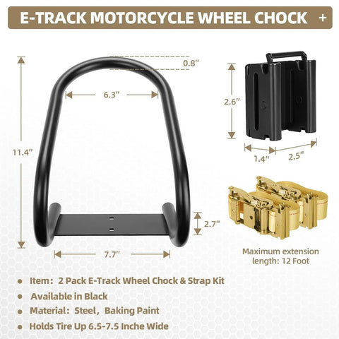 Two Pack Motorcycle Wheel Chock And Strap Kit For E Track Rails And Trailers, featuring black steel frame with dimensions.