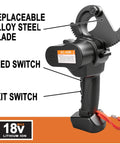 Cordless Ratcheting Cable Cutter With Comfort Grip Handle and alloy steel blades, feed and exit switches visible, 18V lithium ion battery