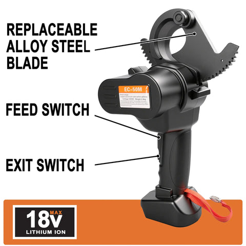 Cordless Ratcheting Cable Cutter With Comfort Grip Handle and alloy steel blades, feed and exit switches visible, 18V lithium ion battery