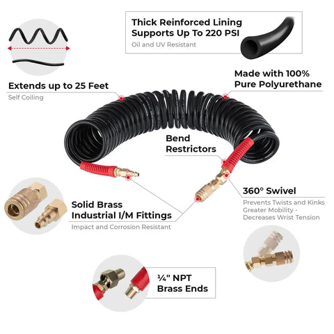 Lightweight Polyurethane Recoil Air Hose 3/8 Inch Lite 5/16 Inch By 25 Feet with brass MNPT ends and bend restrictors