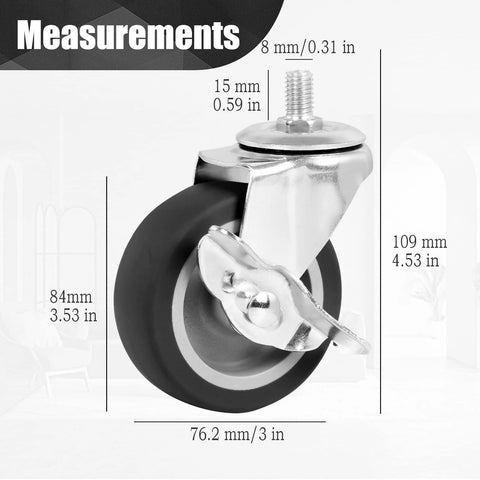 Heavy Duty 3 Inch Stem Casters Set Of 4 With Brakes, close-up showing 3-inch wheel, M8 thread 8mm diameter, side view with measurements