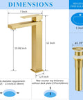 Dimensions of Brushed Gold Sleek Vessel Sink Faucet Tall Single Handle 1 Hole Water Saving Aerated Spout 304 Stainless Steel Bathroom Vanity