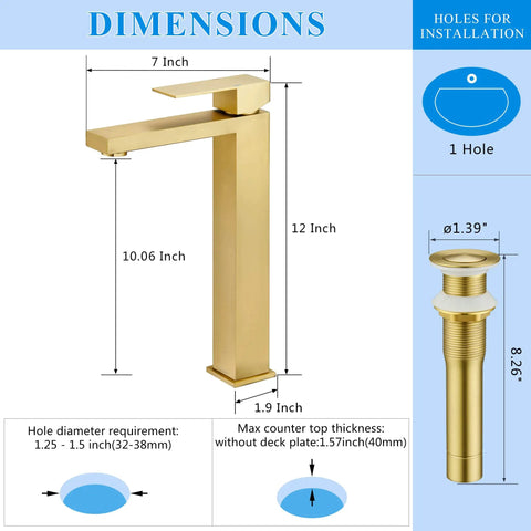 Dimensions of Brushed Gold Sleek Vessel Sink Faucet Tall Single Handle 1 Hole Water Saving Aerated Spout 304 Stainless Steel Bathroom Vanity