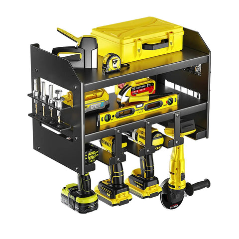 Wall Mount Power Tool Organizer Rack For Garage And Workshop Foldable Cordless Drill Hanger Electric Drill And Screwdriver Tool Rack Three Layers Four Slots Heavy Duty Carbon Steel Scratch And Rust Resistant Must Have Gear with tools installed