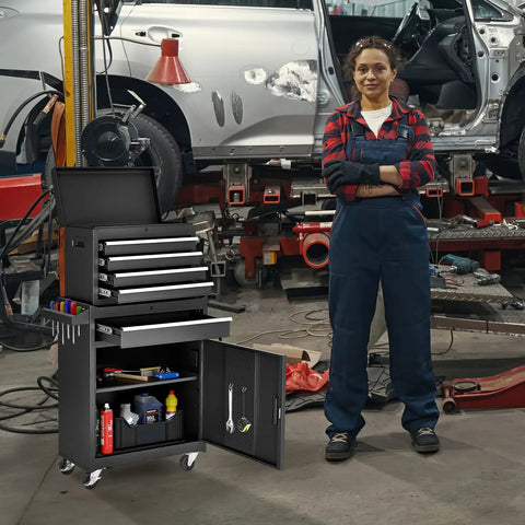 Straight Up Hella Sturdy Five Drawer Rolling Tool Chest In Sleek Black With Detachable Storage Box For Top Notch Garage Organization And Heavy Duty Workshop Cabinet